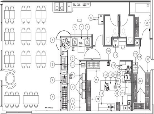 Technical design drawing for the interior of a restaurant